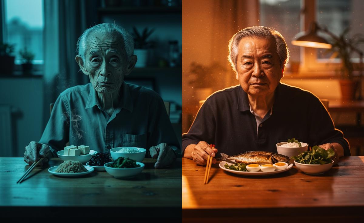 Illustration of research suggesting meat eaters are more likely to reach 100 than non-meat eaters, with the difference confined to underweight elders.