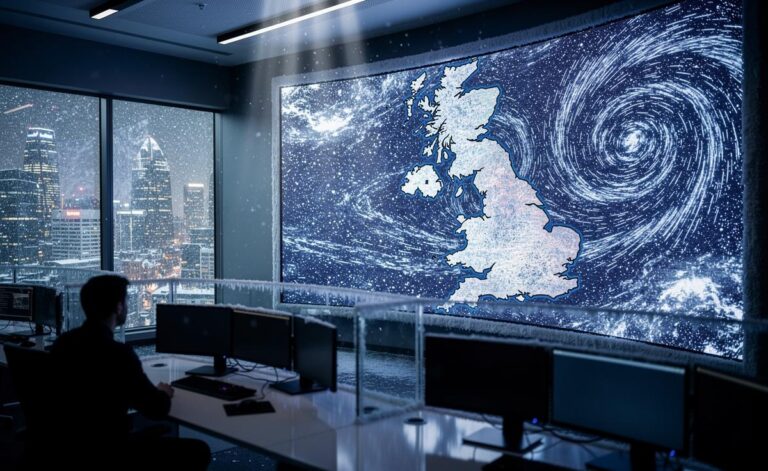 Illustration of snow maps forecasting a UK-wide blizzard, with up to 69 inches on Scottish hills and snow covering about 90% of the country