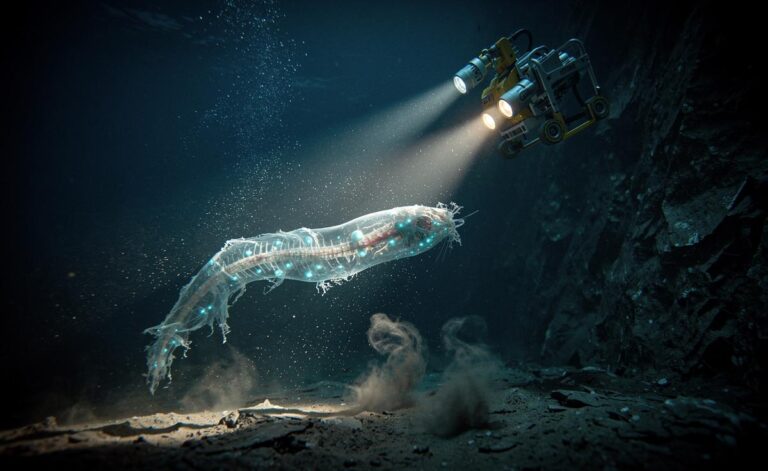 In an unexplored ocean trench, marine biologists document a creature adapting to extreme pressures.