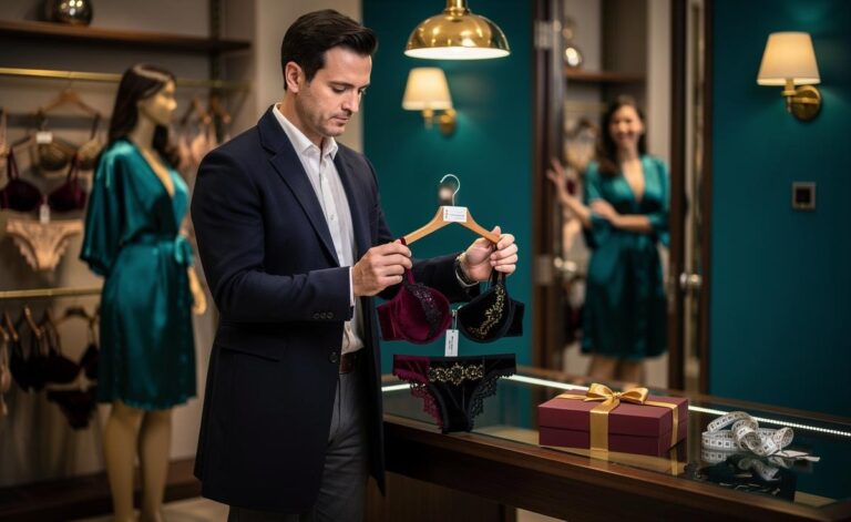 Illustration of a partner confidently choosing lingerie as a gift that their girlfriend will want to wear