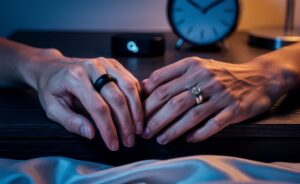 Illustration of an Oura Ring worn on the index and ring fingers to compare fit and accuracy